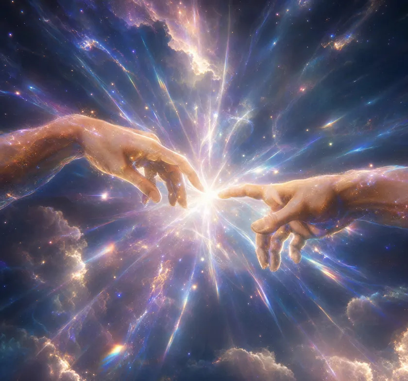 Two hands reaching toward each other across a field of light