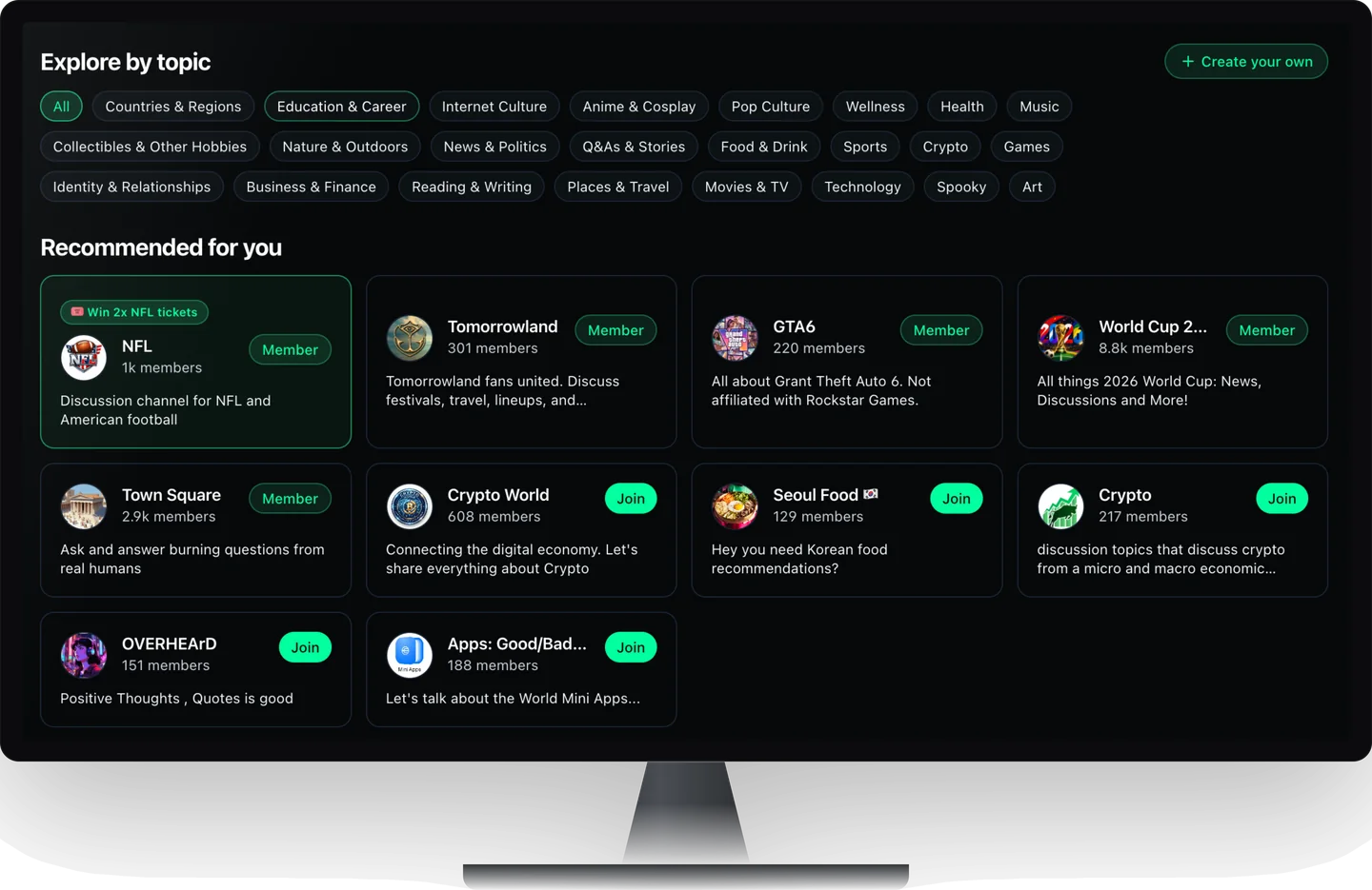 The Openbands Bands directory on a desktop display, showing topics to explore and communities to join