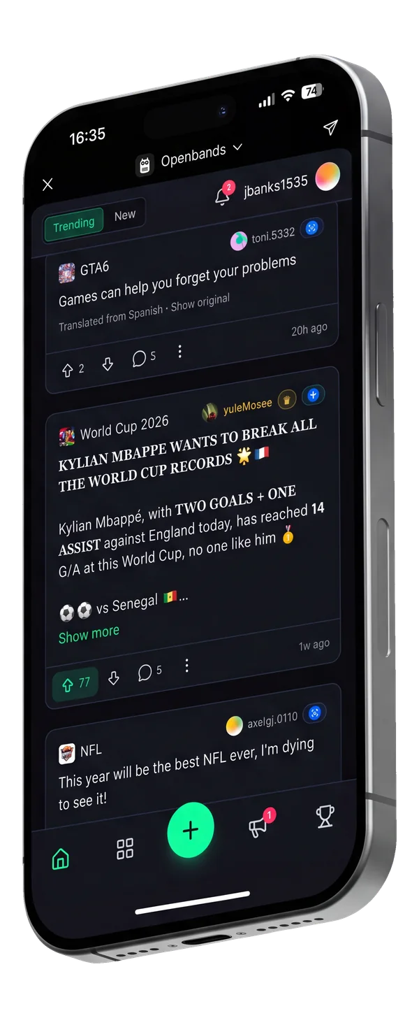 The same communities in the Openbands feed on a phone
